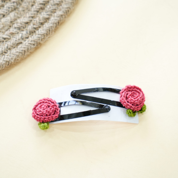 Pink Crochet Rose Hair Clips