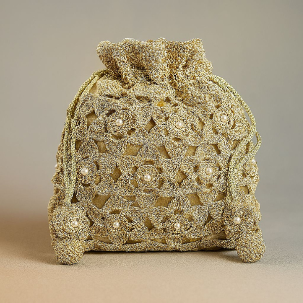 Golden Crochet Floral Batwa with Pearl Accents