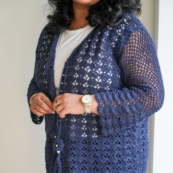 Navy Blue Crochet Shrug with Tassel Tie