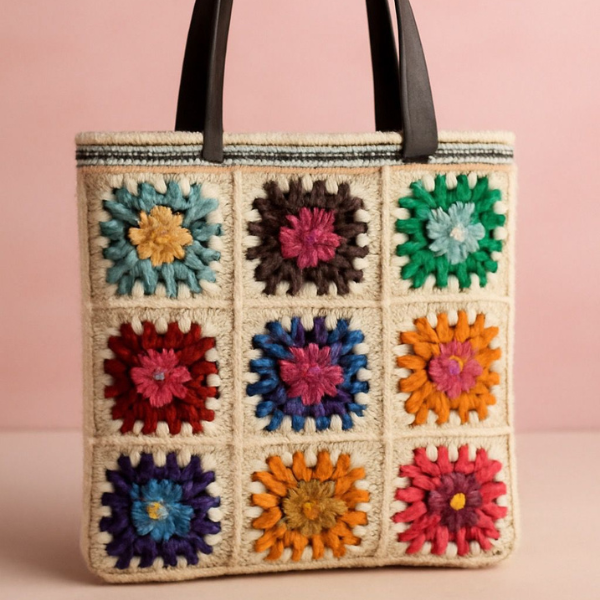 Floral Patchwork Crochet Tote Bag