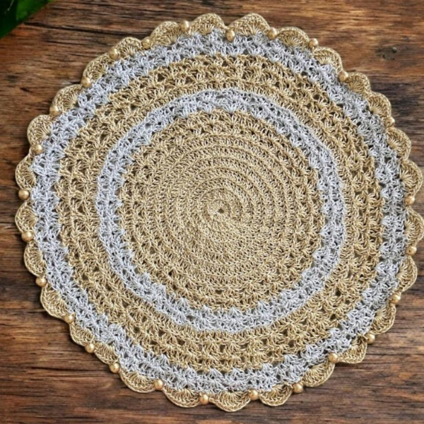 Gold and Silver Crochet Table Mat with Pearl Accents