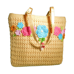 Crochet Beige Bag with Multicolor Flowers - Image 3