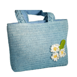 Crochet Blue Bag with White Flowers - Image 3