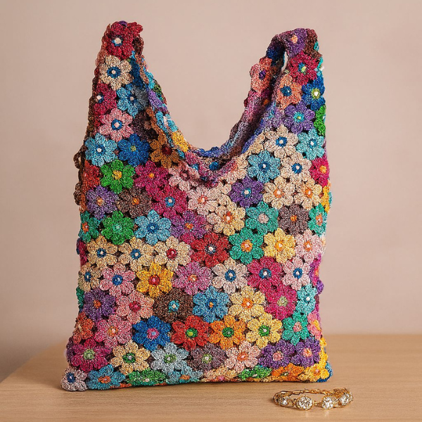 Crochet Multicolor Floral Jhola - College Bag