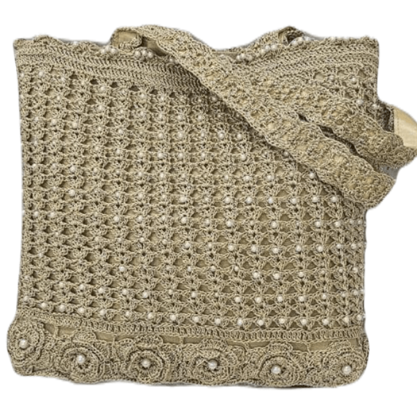 Golden Crochet Shoulder Bag with Pearl Accents