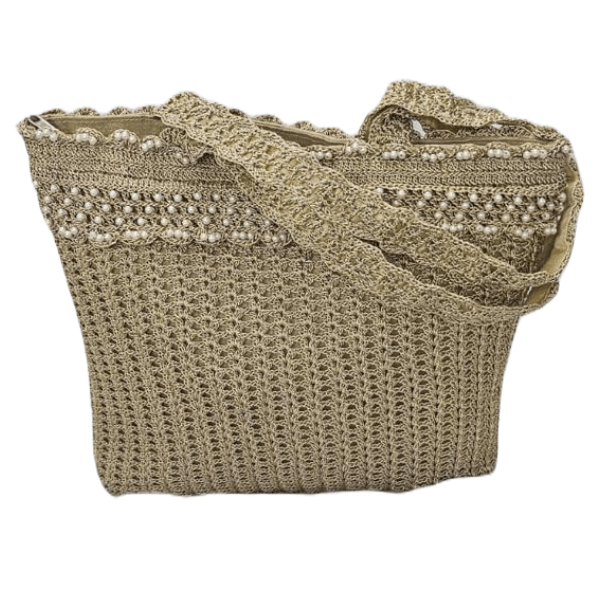 Pearl-Accented Golden Crochet Shoulder Bag