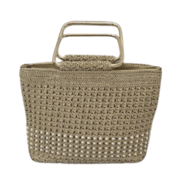 Pearl-Embellished Golden Crochet Handbag