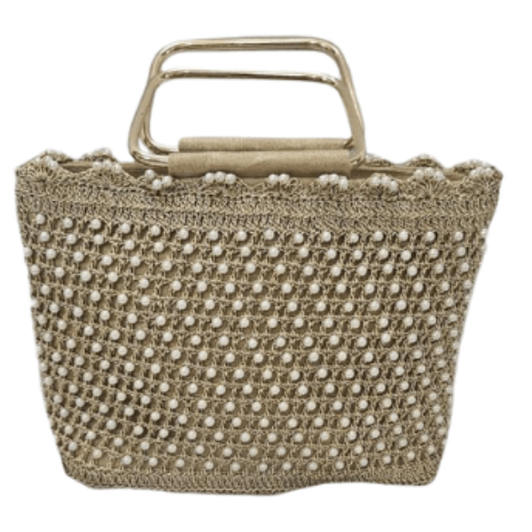 Pearl-Embellished Gold Crochet Handbag