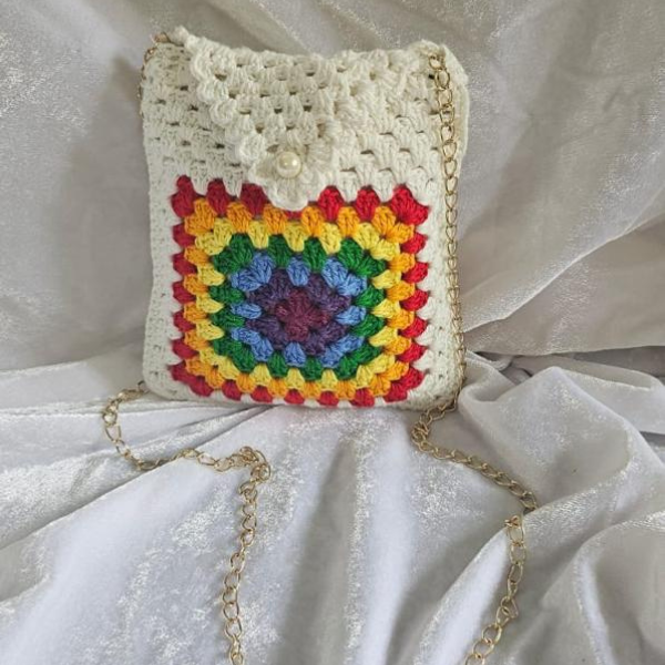 Rainbow White Crochet Mobile Pouch