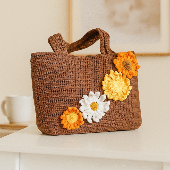 Crochet Brown Bag with Large Flower Pattern