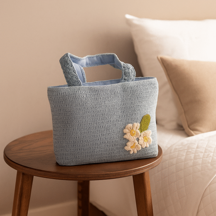 Crochet Blue Bag with White Flowers