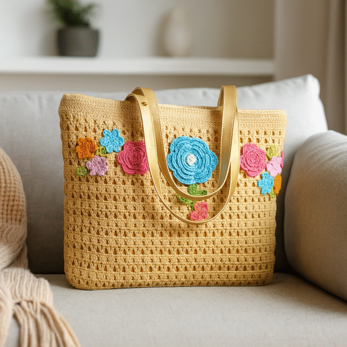 Crochet Beige Bag with Multicolor Flowers