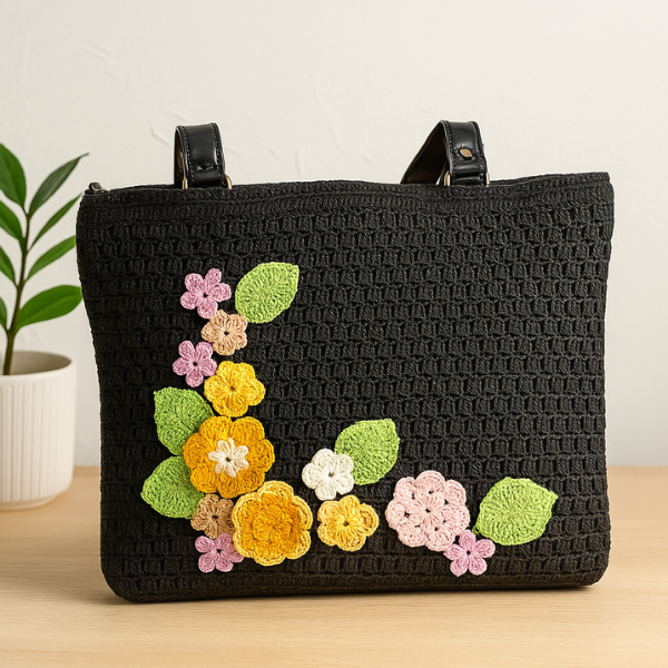 Crochet Floral Black Bag