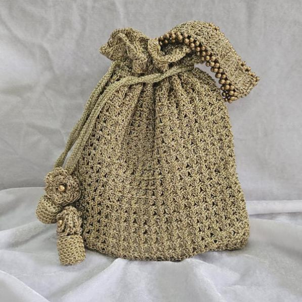 Golden Crochet Drawstring Bag with Pearl Tassels - Potli Bag