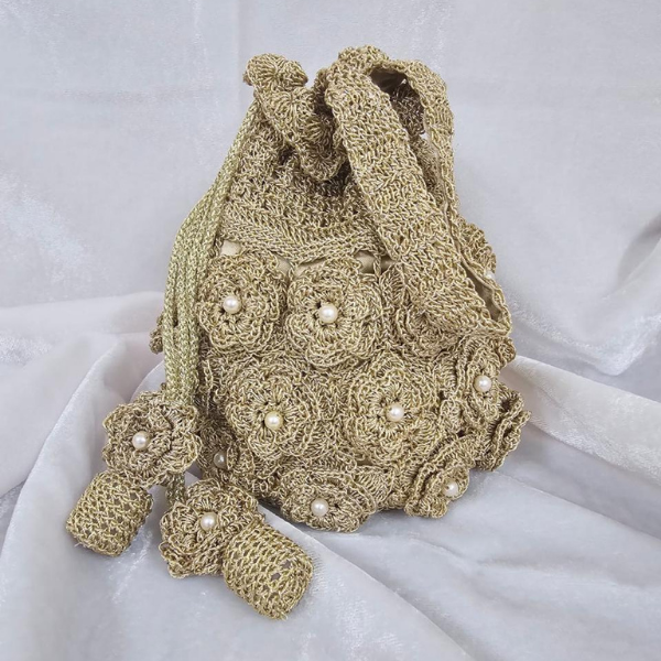 Golden Crochet Floral Batwa with Pearl Embellishments