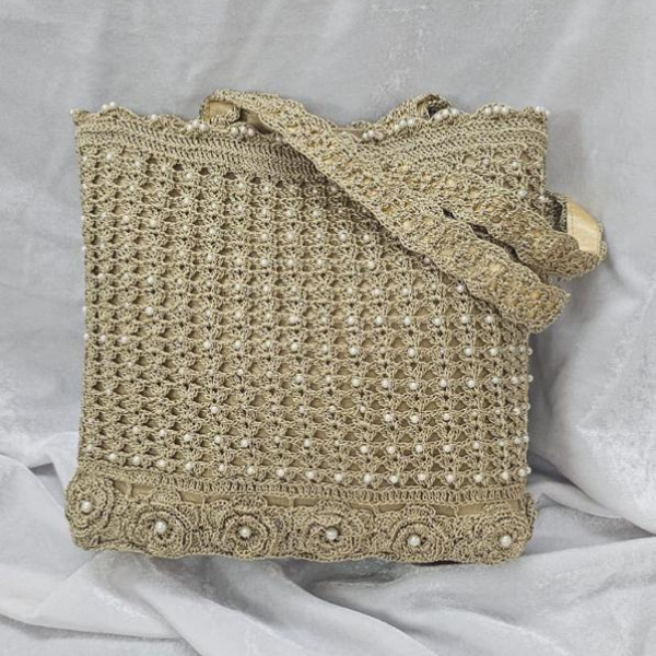 Golden Crochet Shoulder Bag with Pearl Accents
