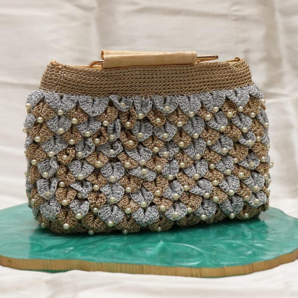 Dual-Tone Golden Silver Crochet Handbag with Pearl Accents