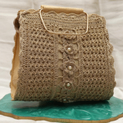 Elegant Golden Floral Crochet Handbag with Pearl Detailing
