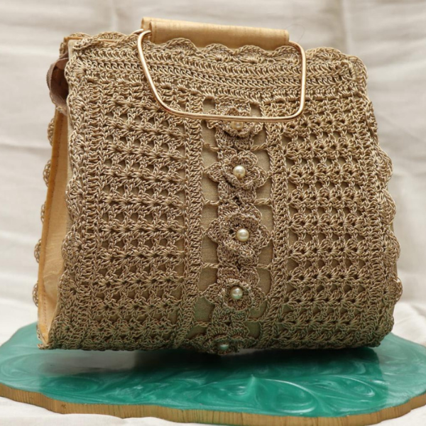 Elegant Golden Floral Crochet Handbag with Pearl Detailing