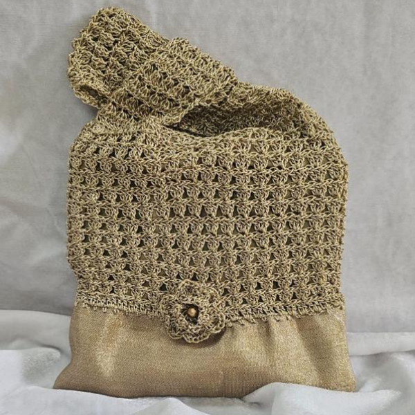 Golden Crochet Handbag with Floral Accent