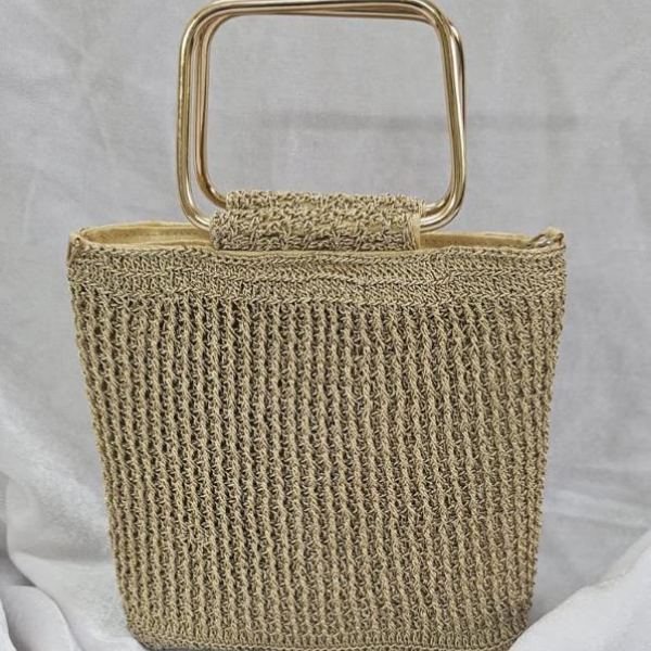 Golden Crochet Handbag with Metal Handle