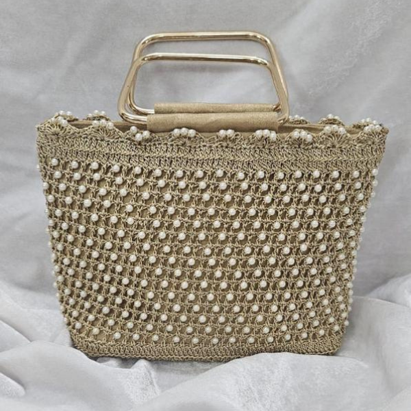 Pearl-Embellished Gold Crochet Handbag