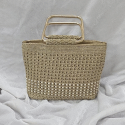 Pearl-Embellished Golden Crochet Handbag - Image 2