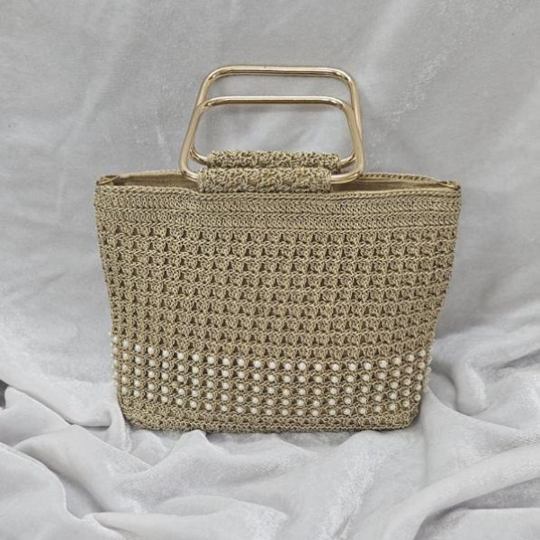 Pearl-Embellished Golden Crochet Handbag