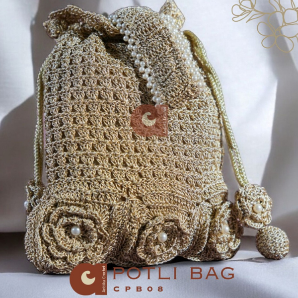 Golden Floral Crochet Batwa with Pearl Accents