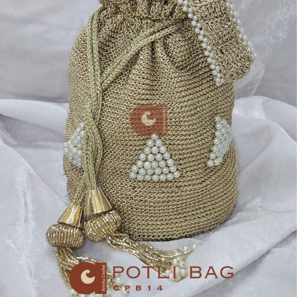 Pearl-Embellished Golden Crochet Batwa