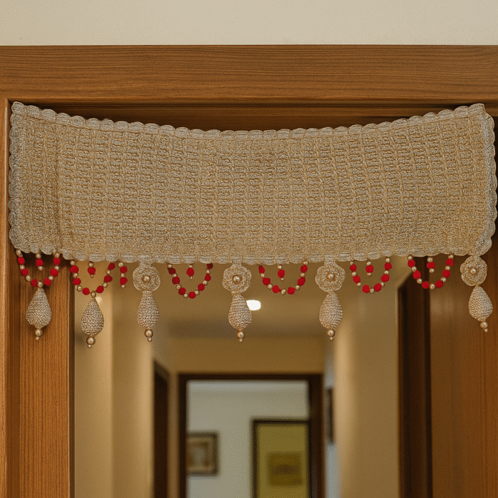 Golden Beaded Crochet Toran with Red Accents