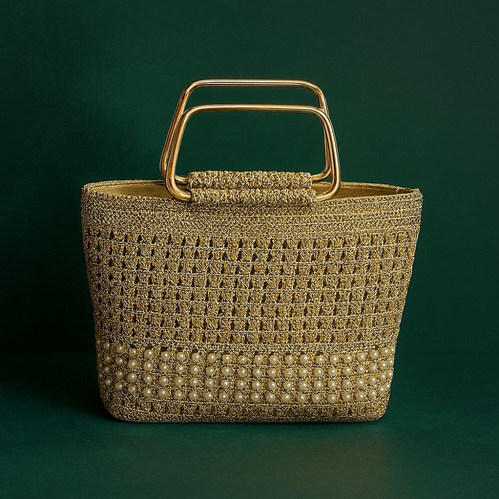 Pearl-Embellished Golden Crochet Handbag