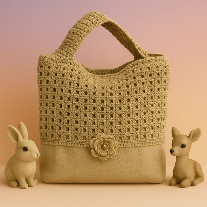 Golden Crochet Handbag with Floral Accent