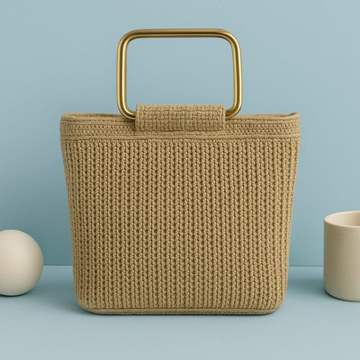 Golden Crochet Handbag with Metal Handle
