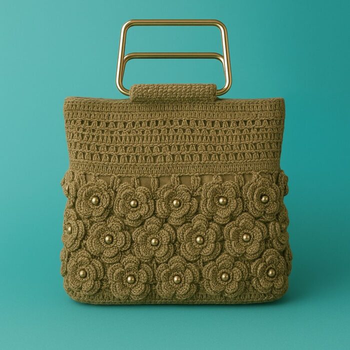 Floral Embellished Golden Crochet Handbag