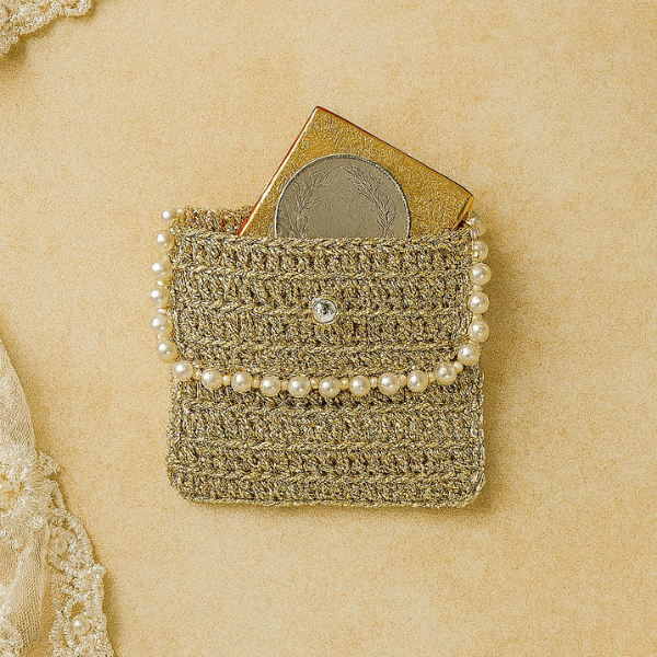 Golden Crochet Coin Pouch with Pearl Detailing