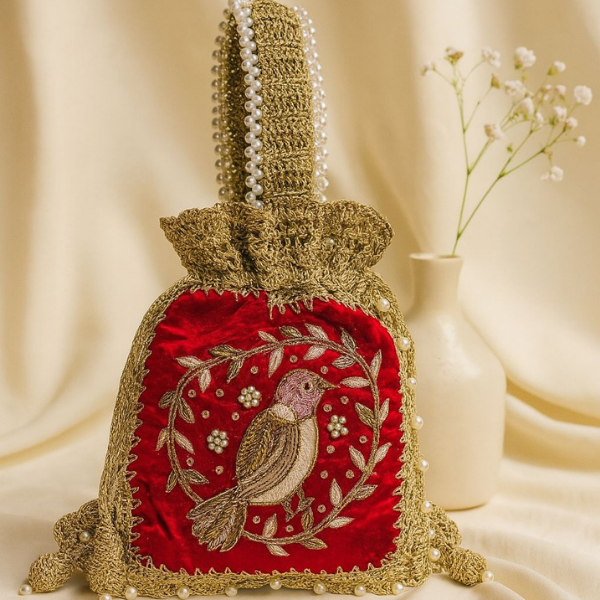 Embroidered Bird Motif Batwa with Pearl Handle