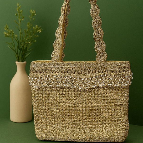 Golden Crochet Shoulder Bag with Pearl Detailing