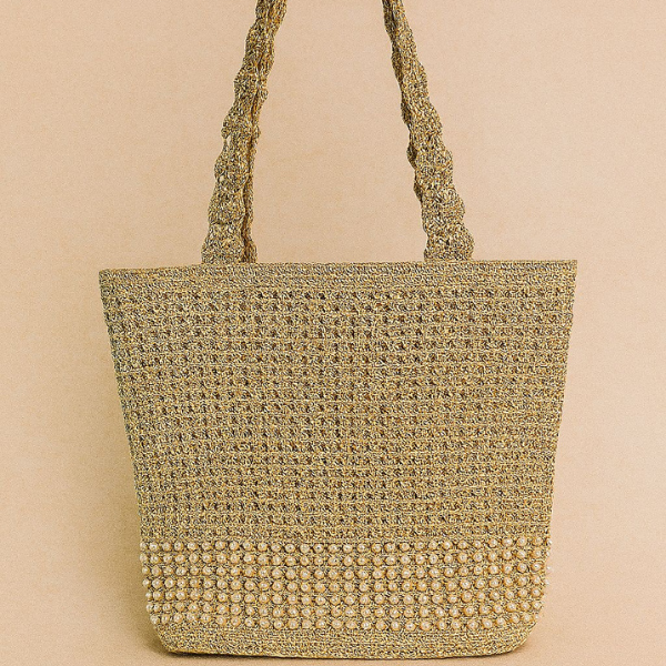 Pearl-Embellished Golden Crochet Shoulder Bag