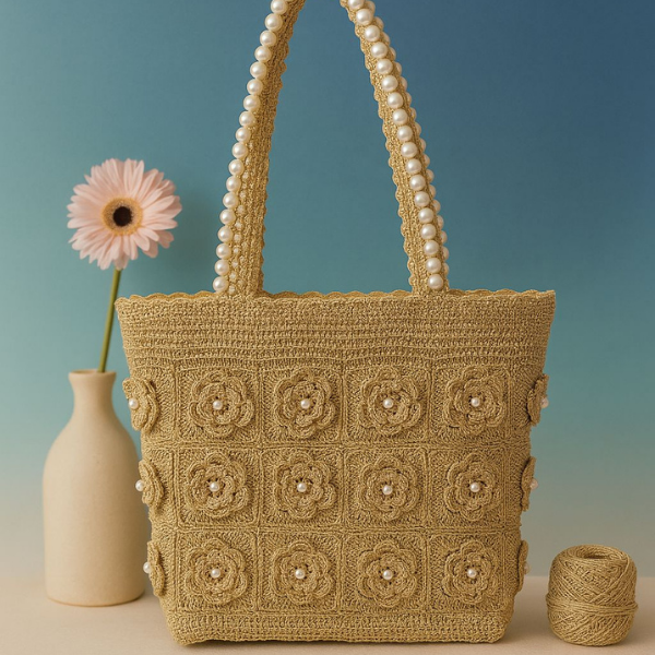 Pearl-Handle Floral Crochet Shoulder Bag