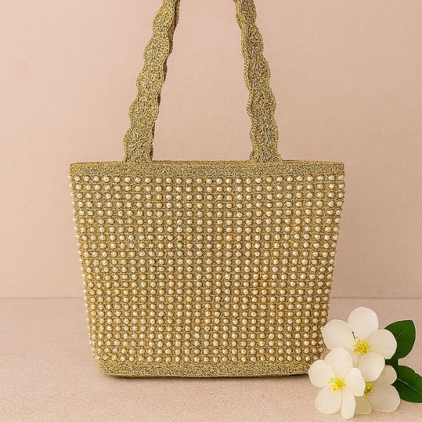Full Pearl Embellished Golden Shoulder Bag