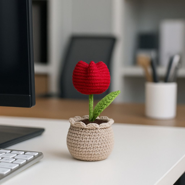 Scarlet Tulip Crochet Bloom in Pot