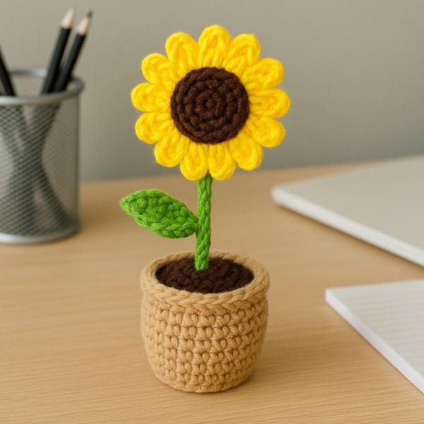 Radiant Sunflower Crochet Pot Décor