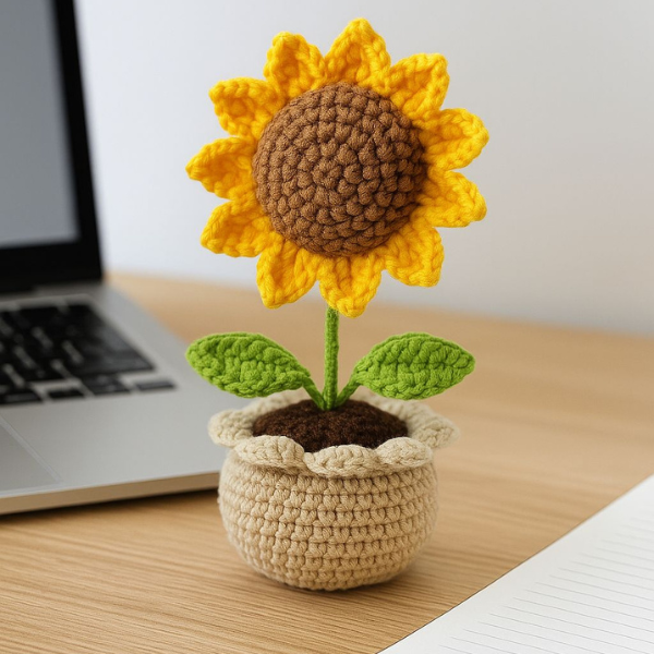 Sunlit Bloom Crochet Sunflower in Ruffled Pot